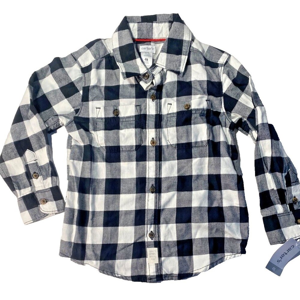 Carters Toddler Boys Size 5T Plaid Printed Collared Button Down Shirt Cotton EUC